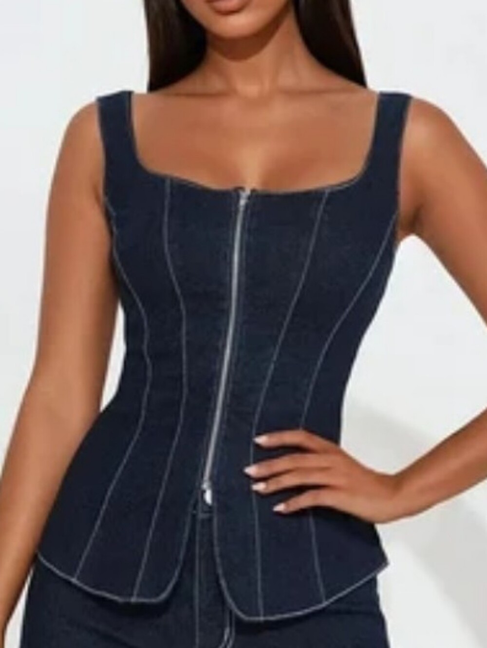 Fashion Nova Dark Blue Denim Corset Zip Tank
